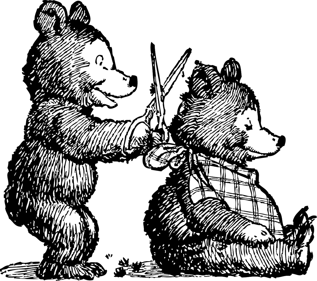 Two bears, one cutting the other's hair.