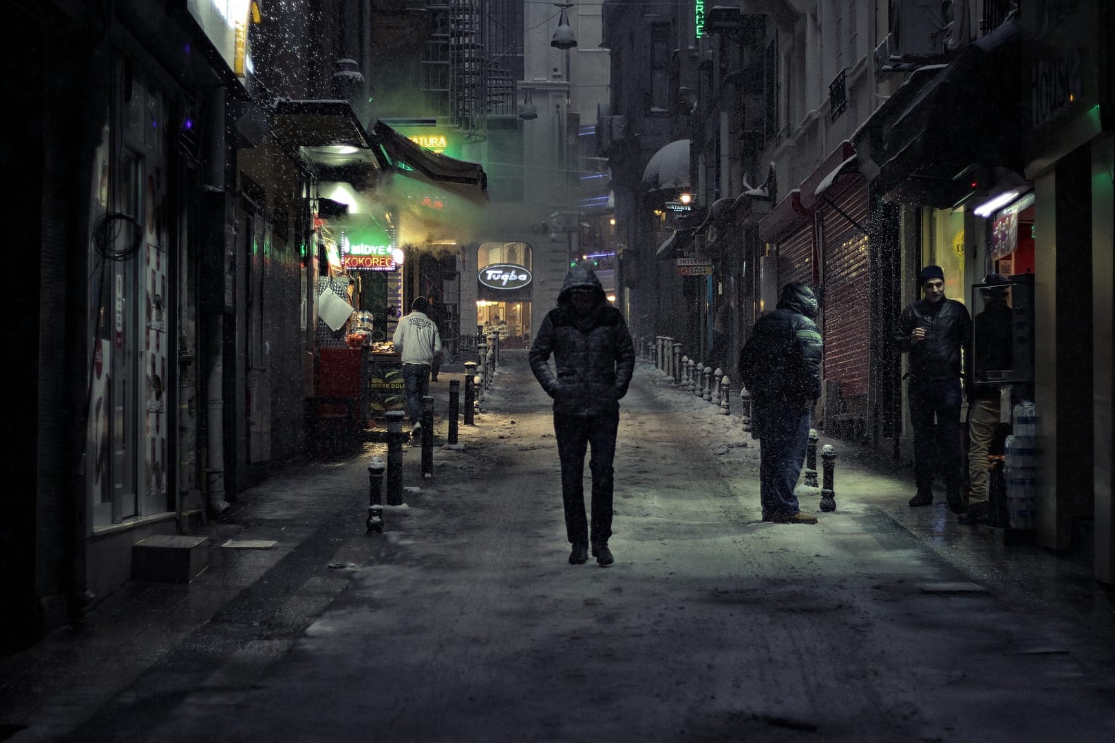 walking on gloomy city street